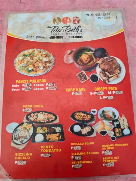 Menu at Tita Ping's Restaurant, Bacolod.